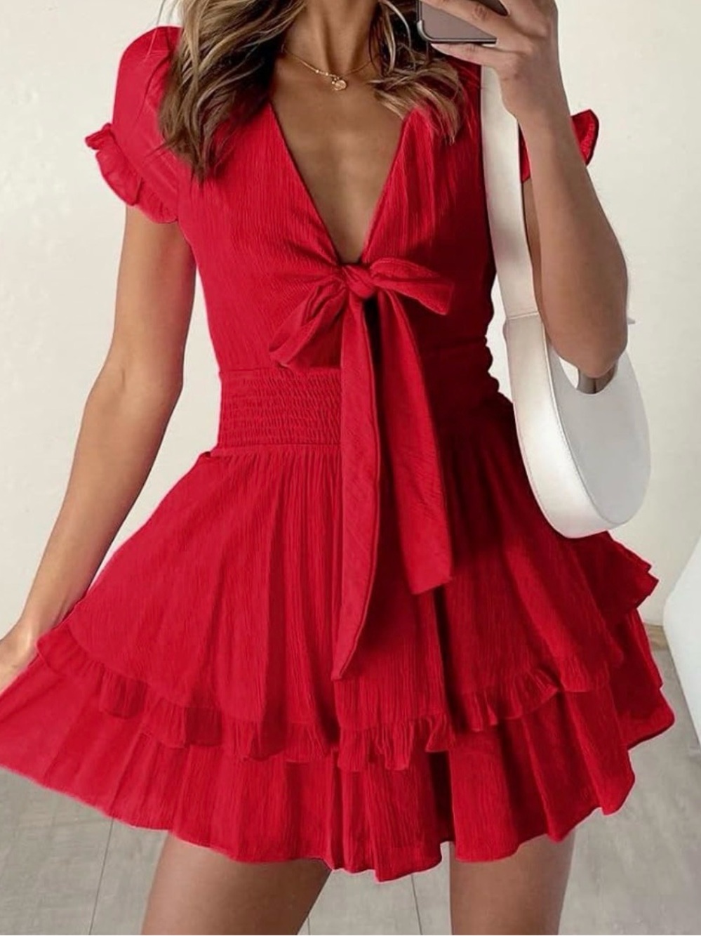 Red Tie-Front Ruffle Mini Dress